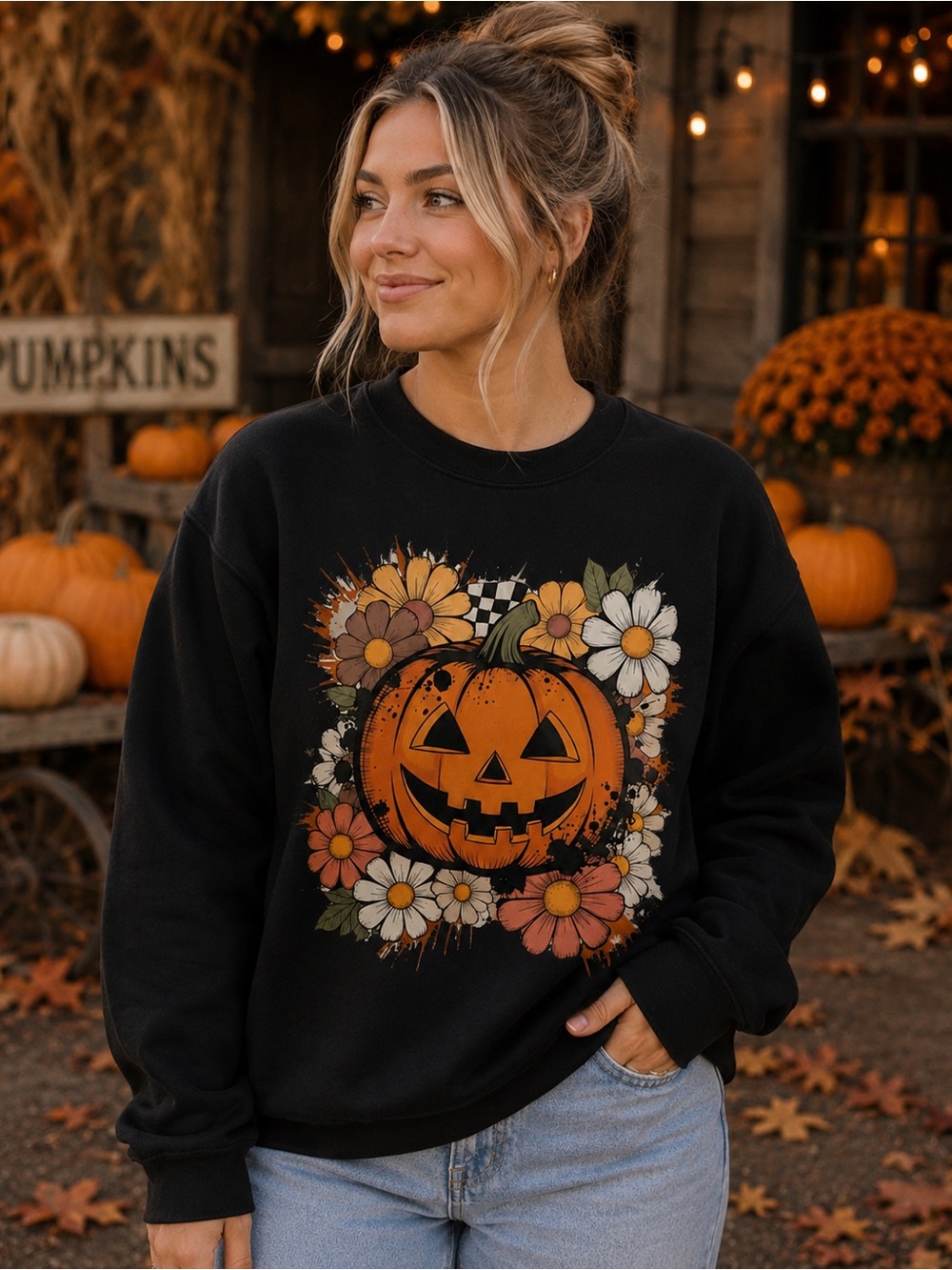 Black Halloween Pumpkin Graphic Sweatshirt for Women